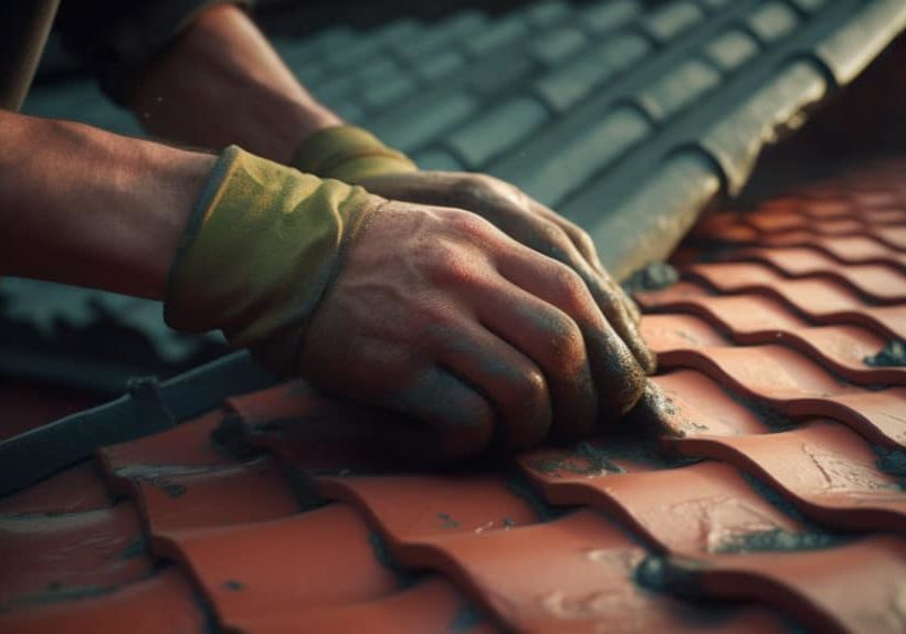 Construction worker tile roofing repair. Generative Ai Construction worker tile roofing repair. Generative Ai